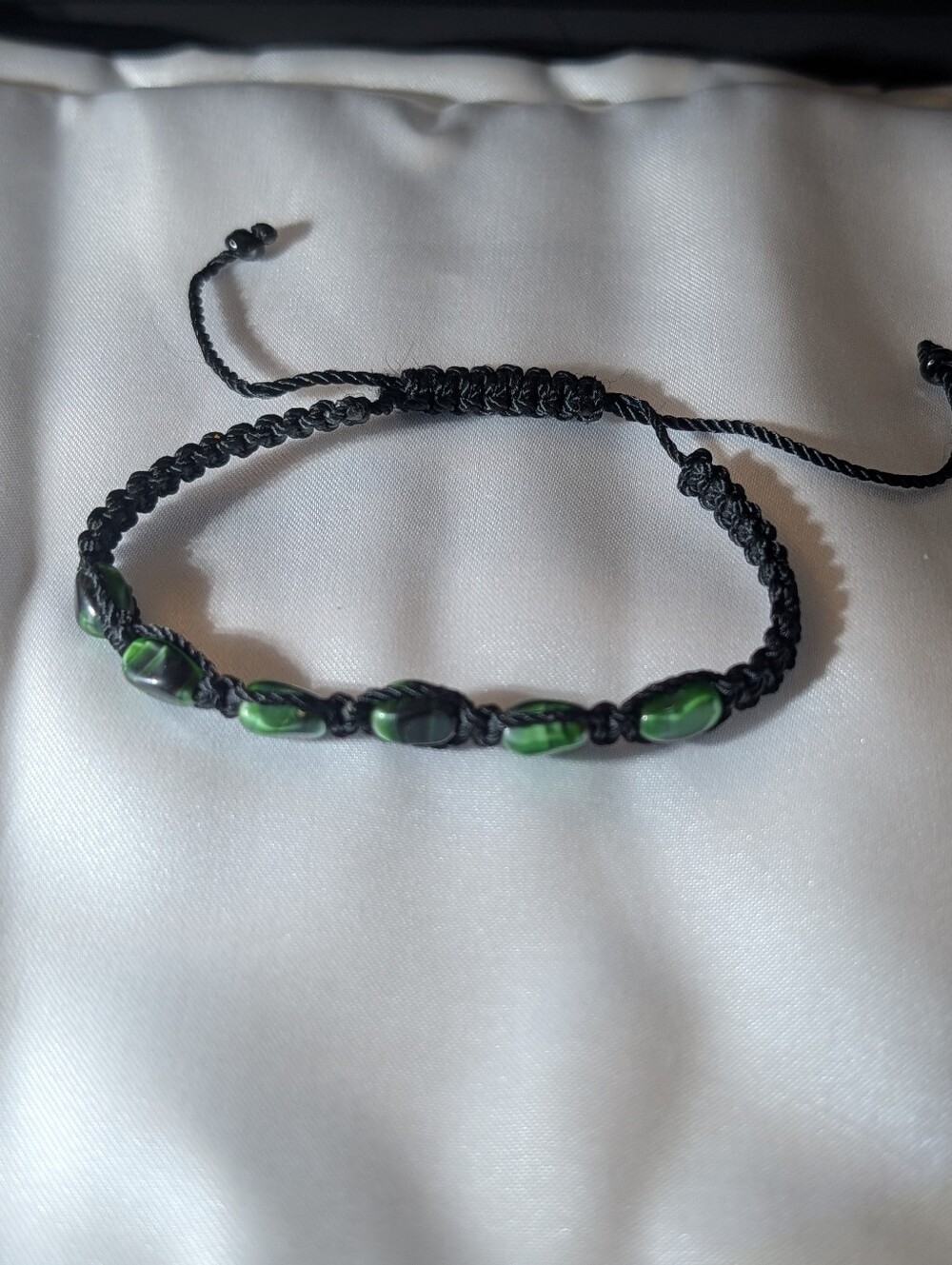 Earthy Green Tiger's Eye Natural Stone Black Macrame Adjustable Slider Bracelet